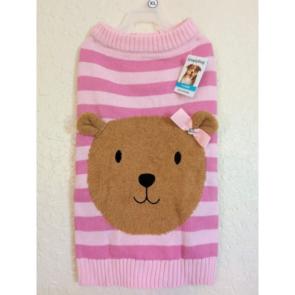 SimplyDog Pink Stripe Teddy Bear W/ Bow Dog Sweater XL Pet Apparel